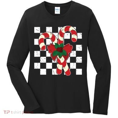 Retro Candy Cane Trendy Checkered Christmas Holiday Women's Long Sleeve Shirt