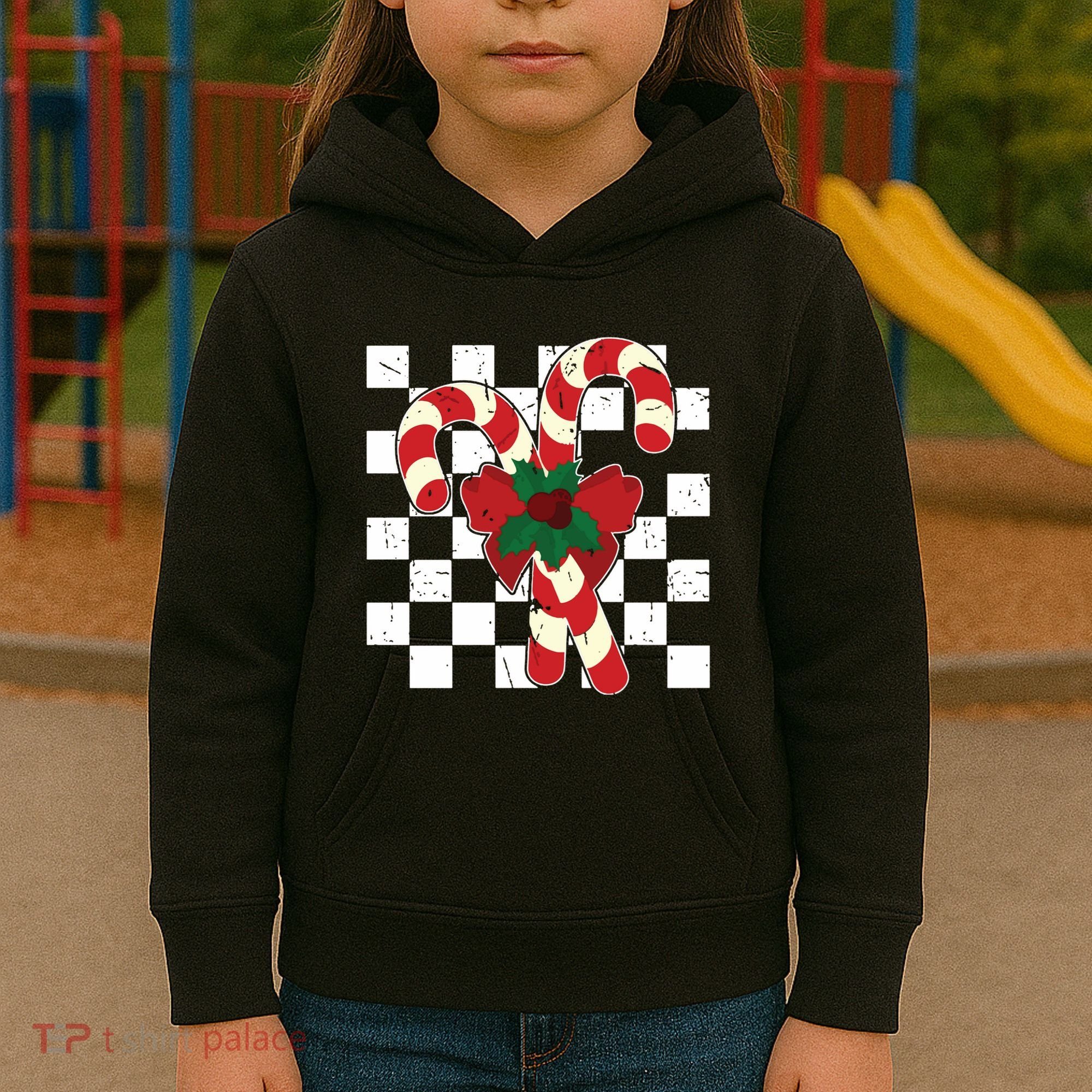 Retro Candy Cane Trendy Checkered Christmas Holiday Kids Hoodie
