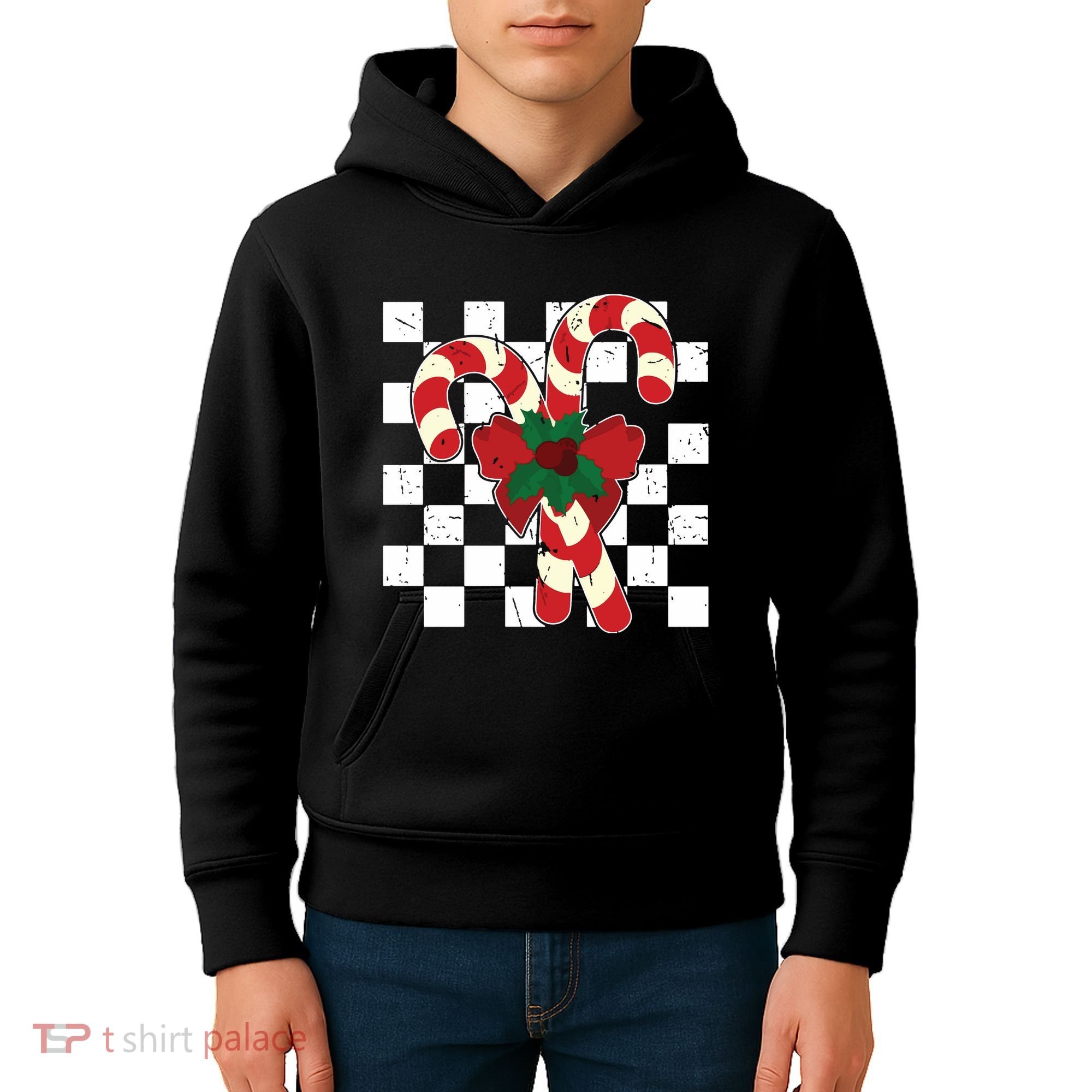 Retro Candy Cane Trendy Checkered Christmas Holiday Kids Hoodie