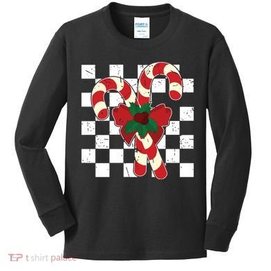 Retro Candy Cane Trendy Checkered Christmas Holiday Kids Long Sleeve Shirt