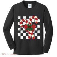 Retro Candy Cane Trendy Checkered Christmas Holiday Kids Long Sleeve Shirt thumb 0