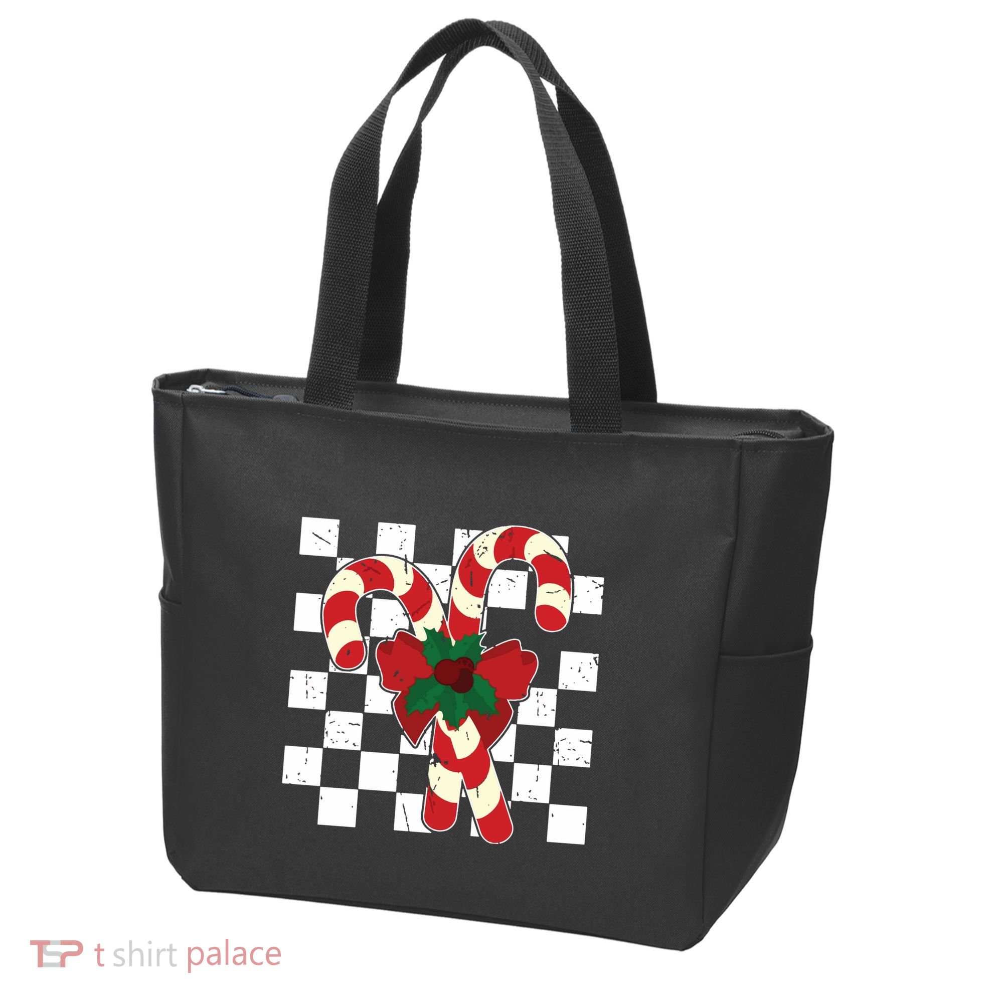 Retro Candy Cane Trendy Checkered Christmas Holiday Tote Bag
