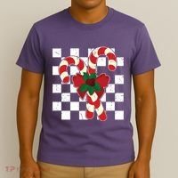 Retro Candy Cane Trendy Checkered Christmas Holiday T-Shirt thumb 3