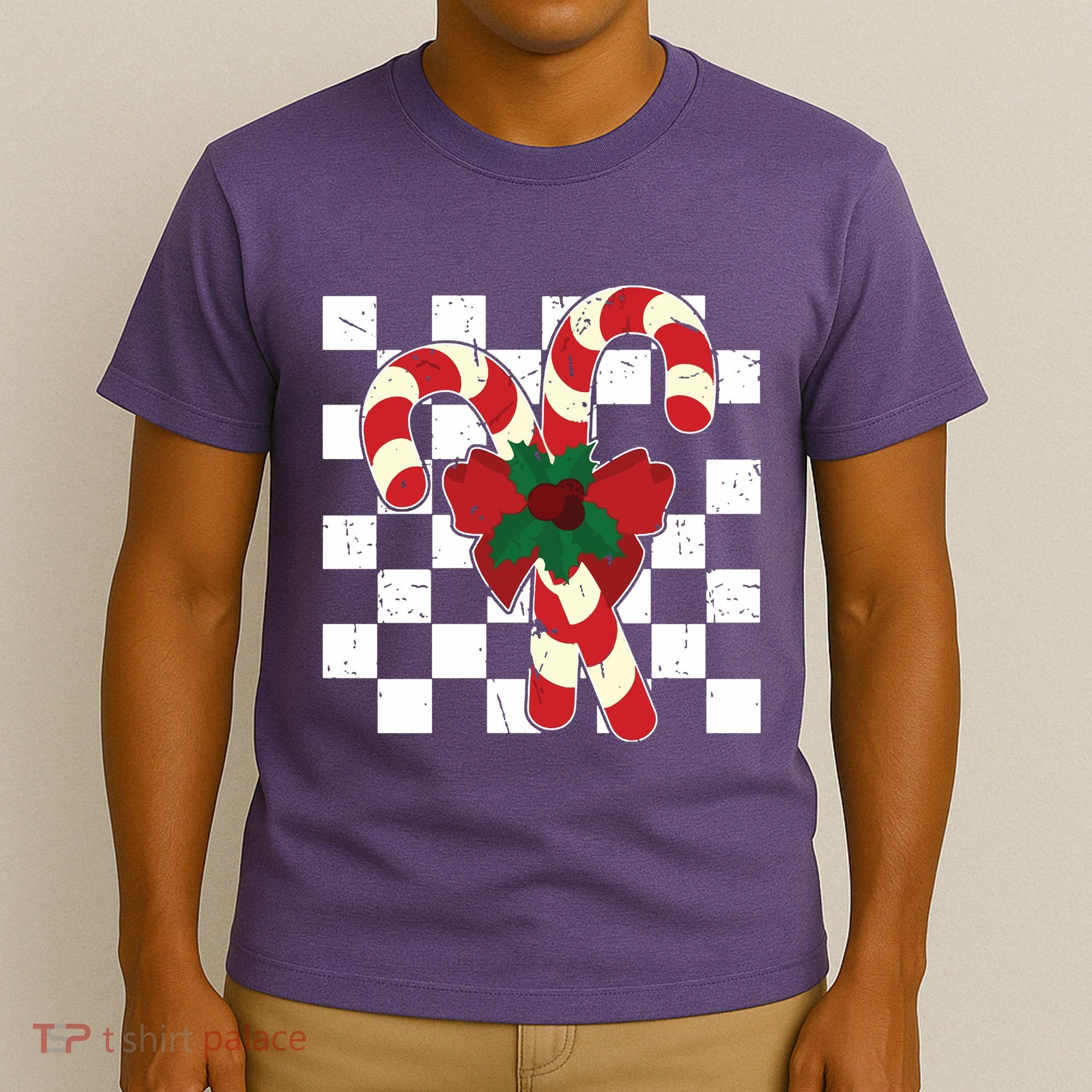 Retro Candy Cane Trendy Checkered Christmas Holiday T-Shirt