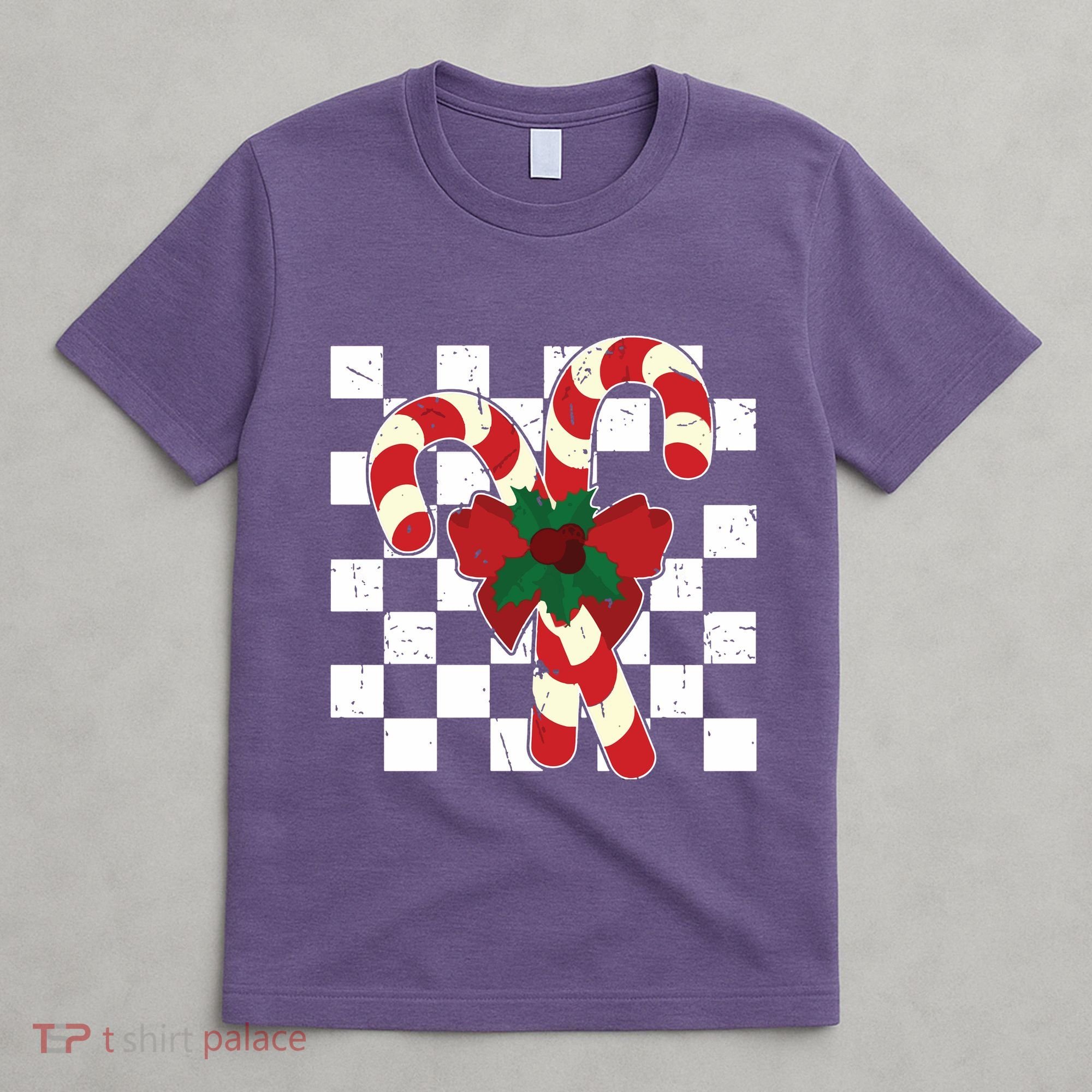 Retro Candy Cane Trendy Checkered Christmas Holiday T-Shirt