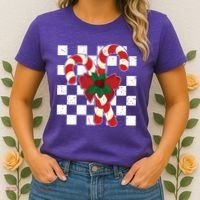 Retro Candy Cane Trendy Checkered Christmas Holiday Women's T-Shirt thumb 2