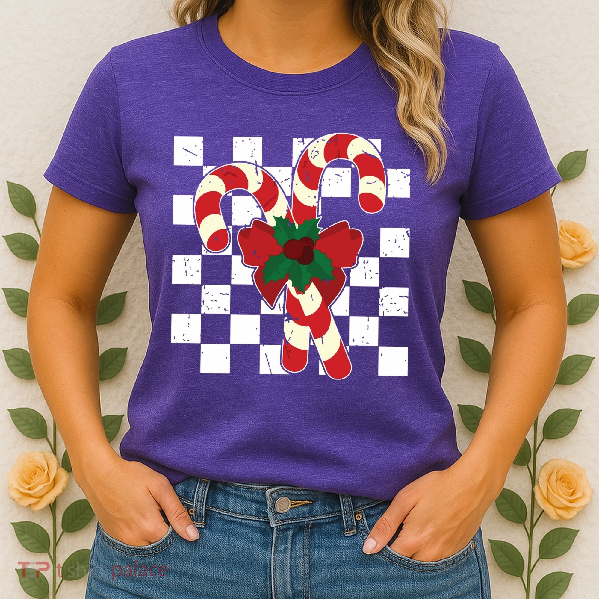 Retro Candy Cane Trendy Checkered Christmas Holiday Women's T-Shirt