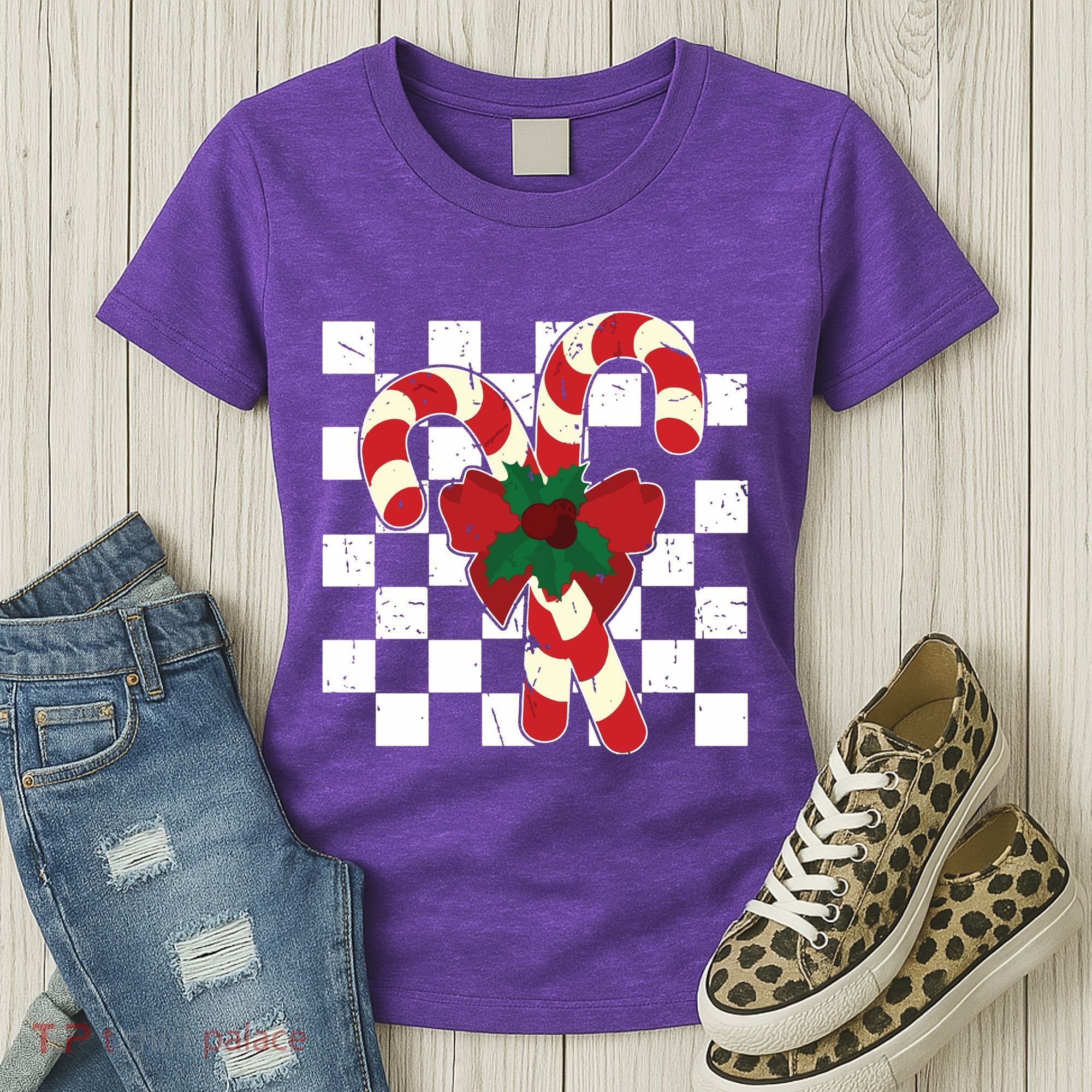 Retro Candy Cane Trendy Checkered Christmas Holiday Women's T-Shirt
