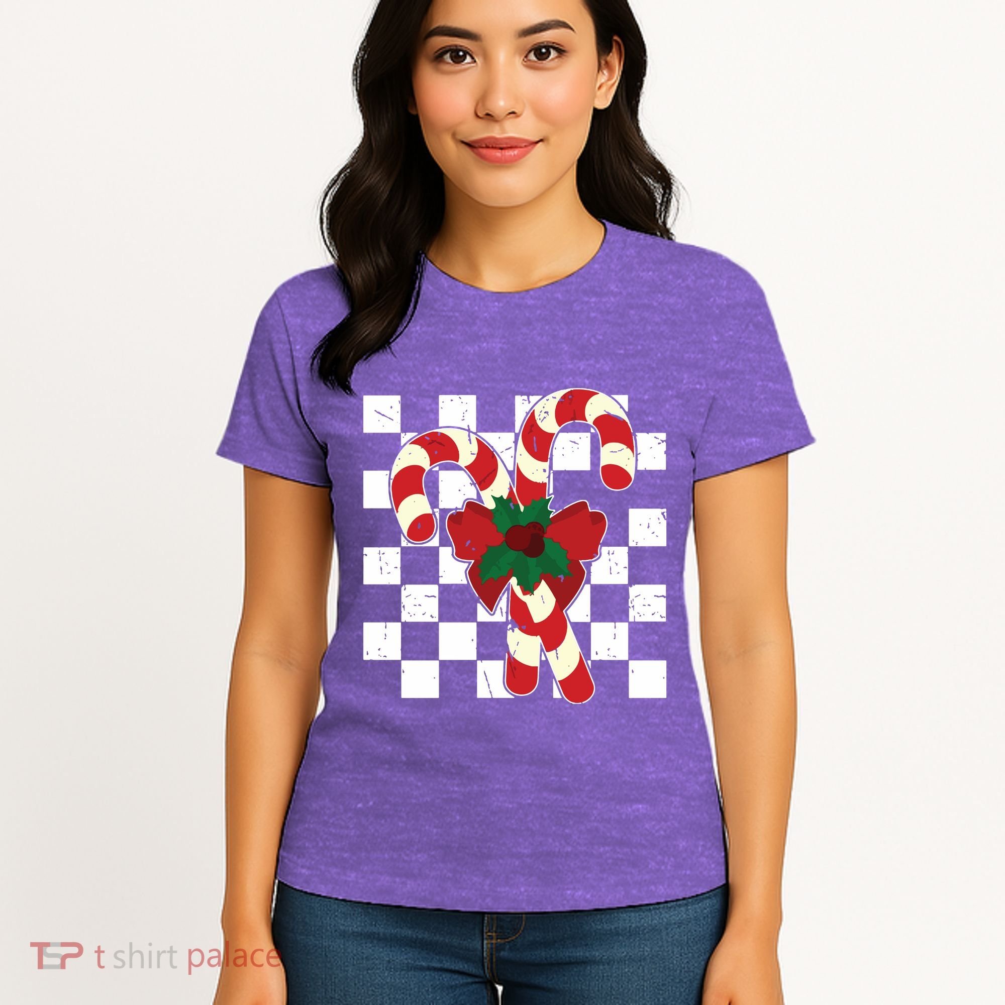 Retro Candy Cane Trendy Checkered Christmas Holiday Women's T-Shirt