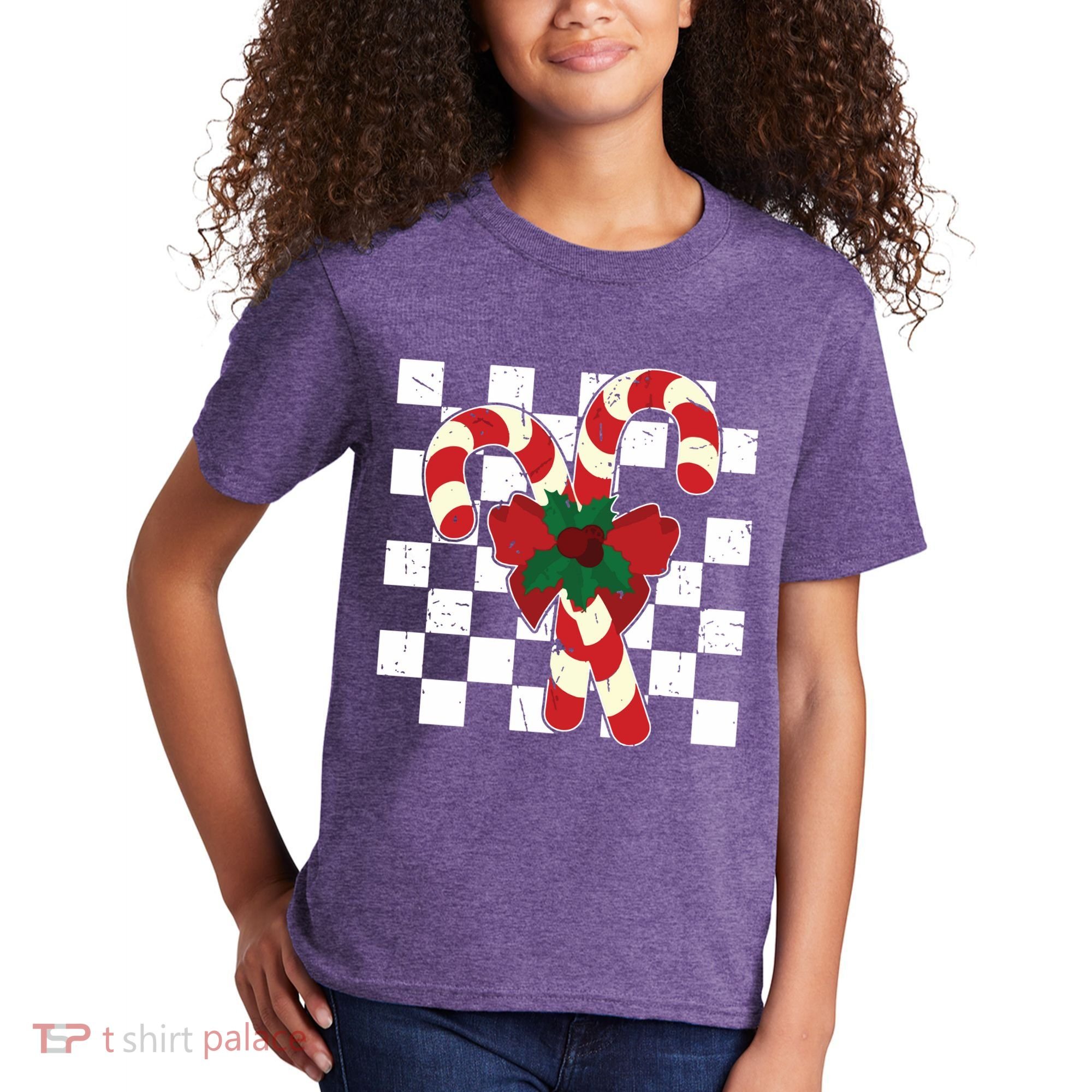 Retro Candy Cane Trendy Checkered Christmas Holiday Kids T-Shirt