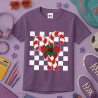 Retro Candy Cane Trendy Checkered Christmas Holiday Kids T-Shirt thumb 3