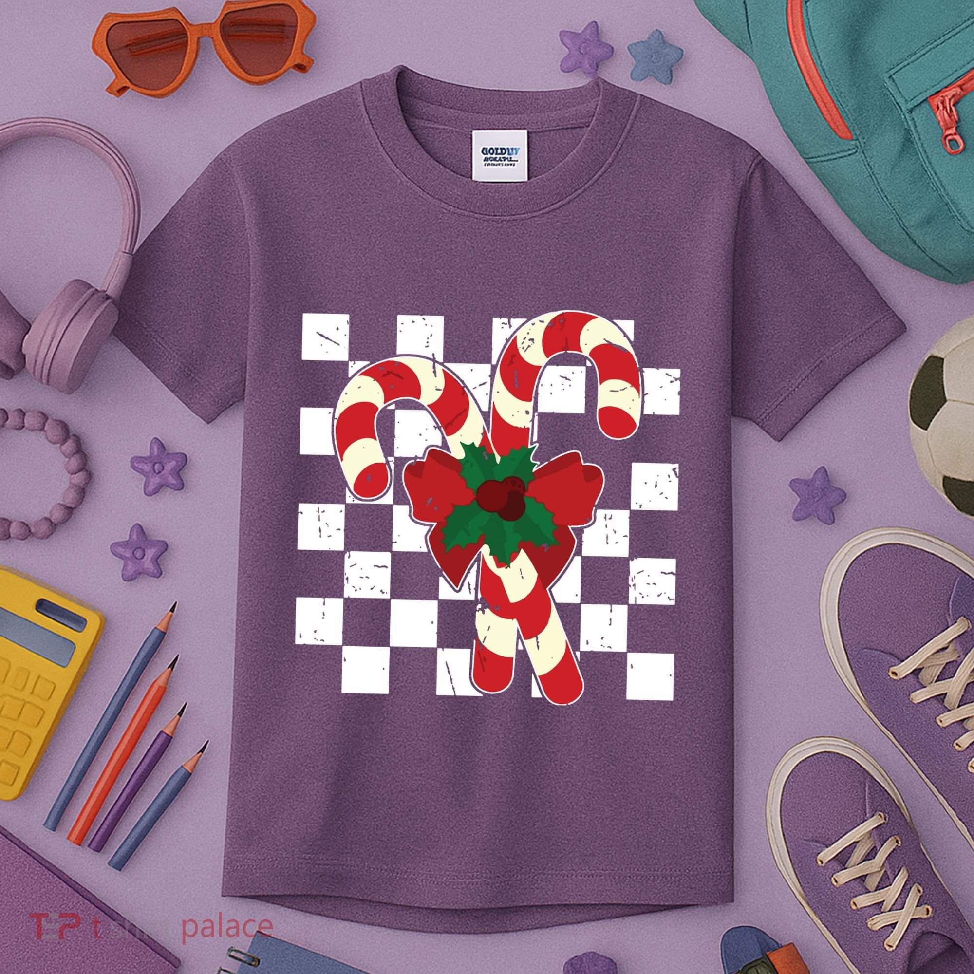 Retro Candy Cane Trendy Checkered Christmas Holiday Kids T-Shirt