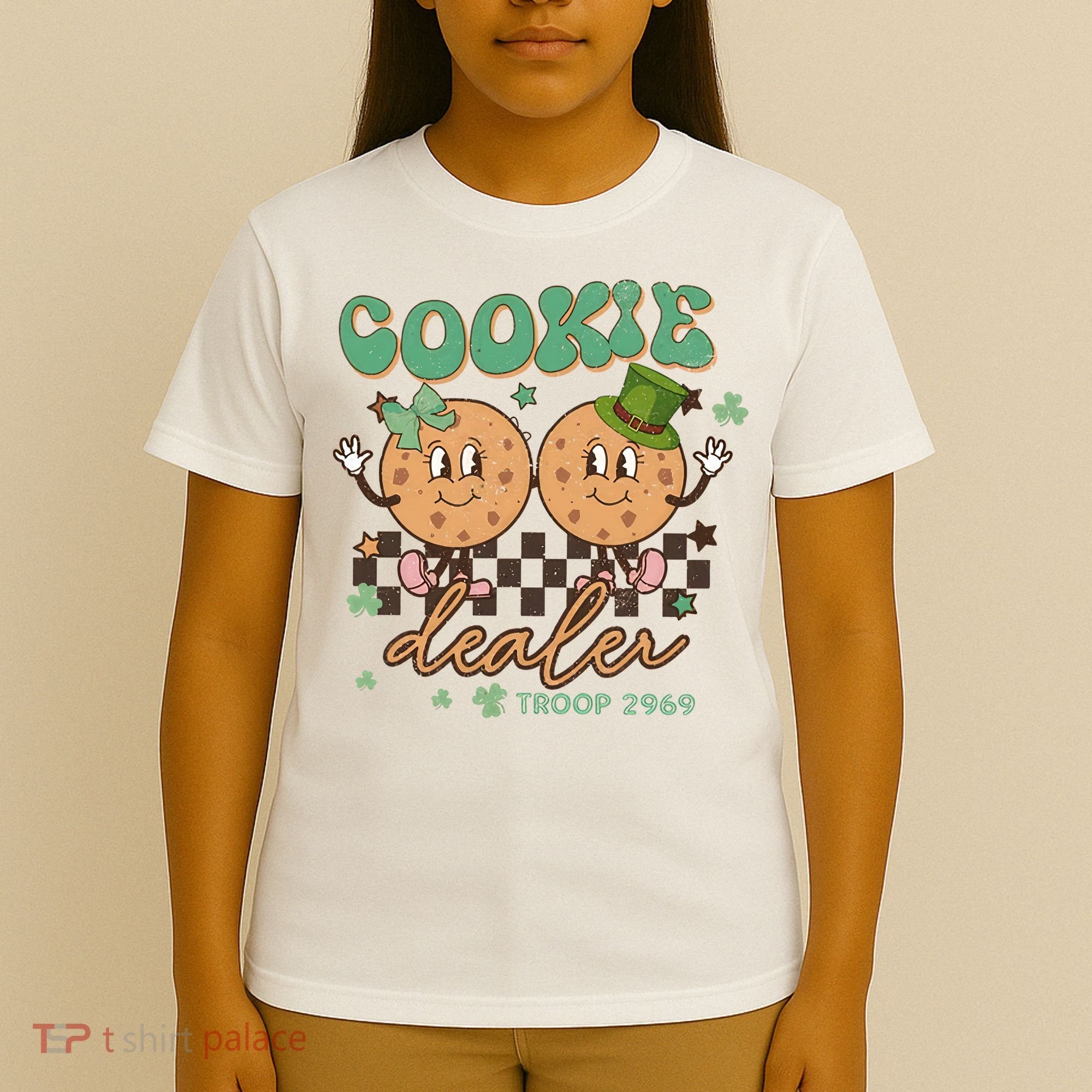 Retro Cookie Dealer St Patrick's Day Troop Number Girl Scout Girl Camping T-Shirt