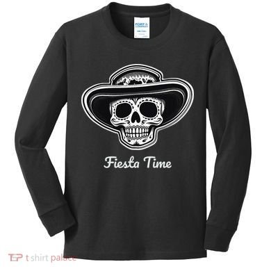 Retro Cinco de Mayo Sugar Candy Skull Fiesta Time Kids Long Sleeve Shirt
