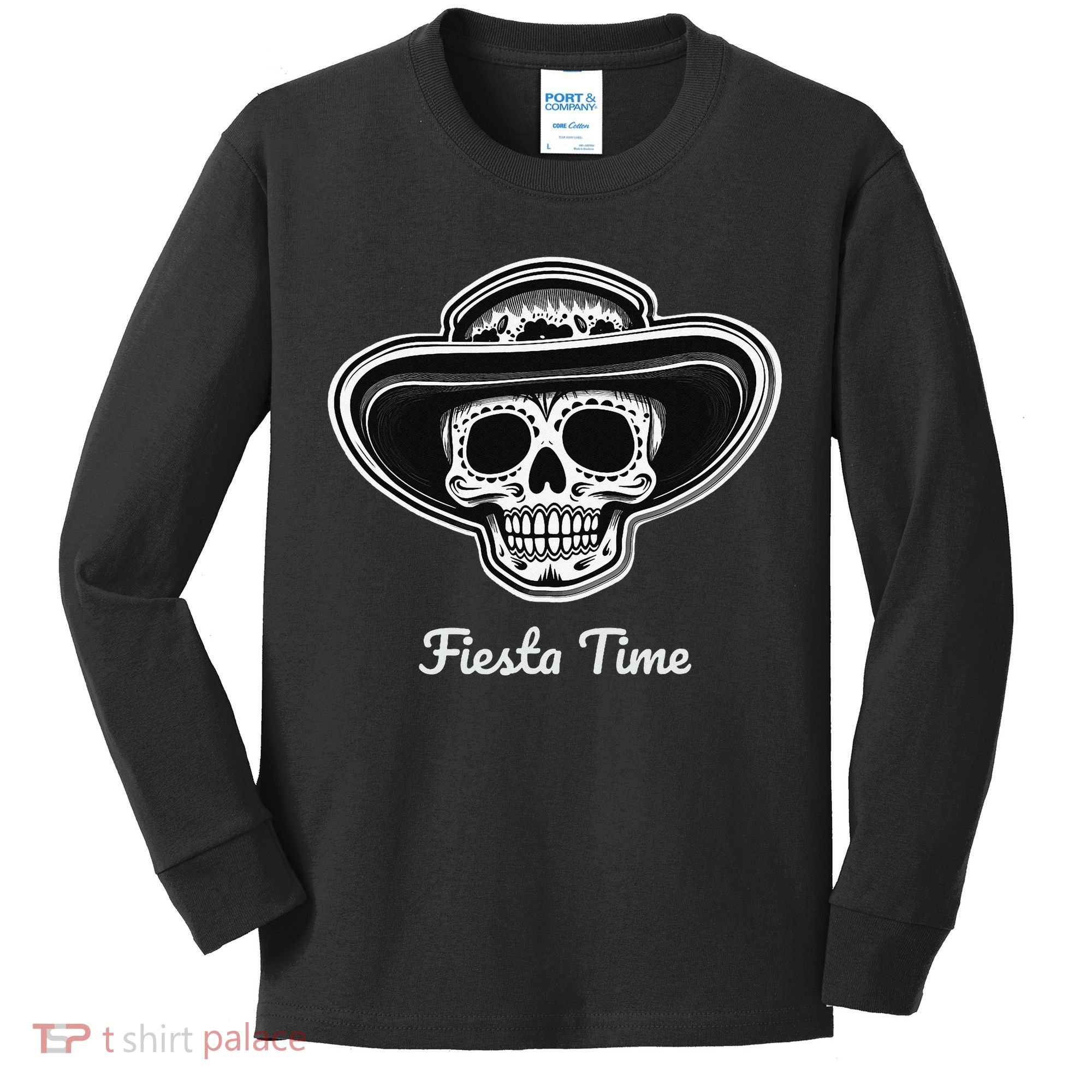 Retro Cinco de Mayo Sugar Candy Skull Fiesta Time Kids Long Sleeve Shirt
