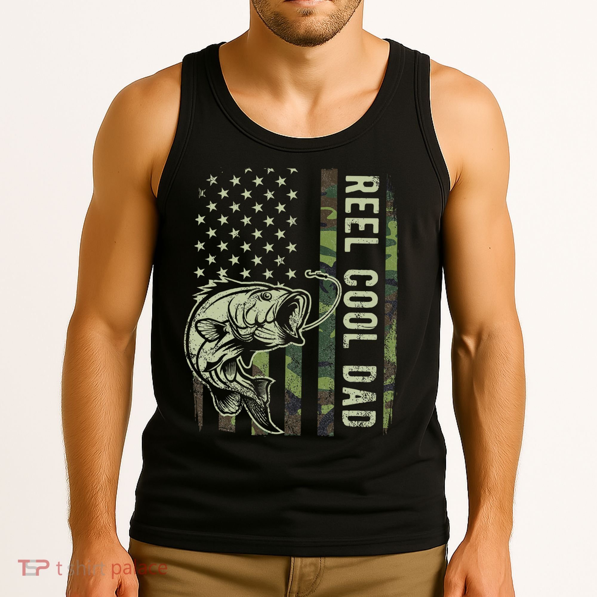 Reel Cool Dad Camouflage American Flag Father's Day Tank Top
