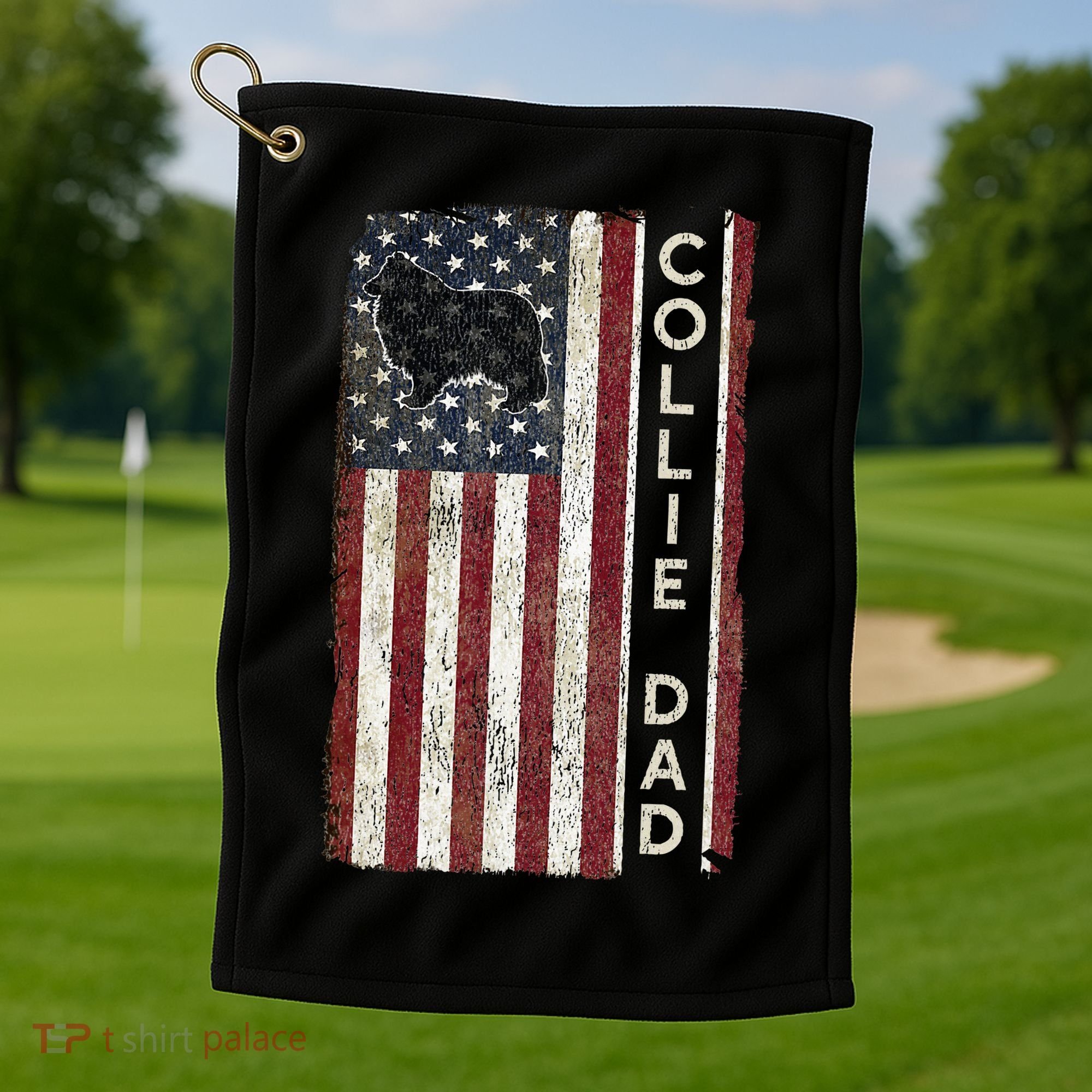 Rough Collie Dad 4th July American Flag Fathers Day Golf Towel