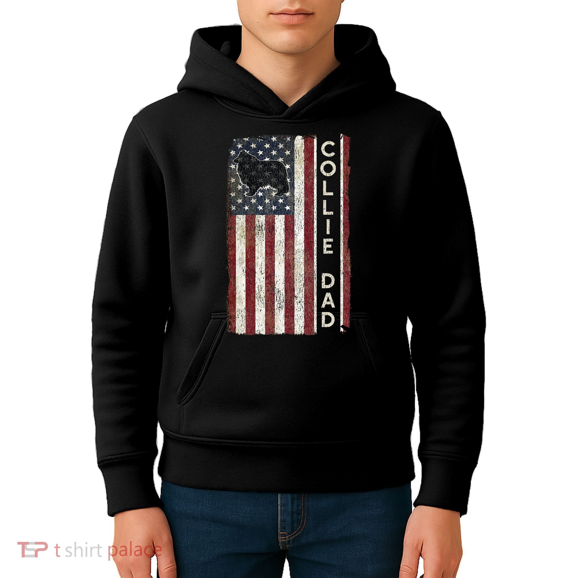 Rough Collie Dad 4th July American Flag Fathers Day Kids Hoodie