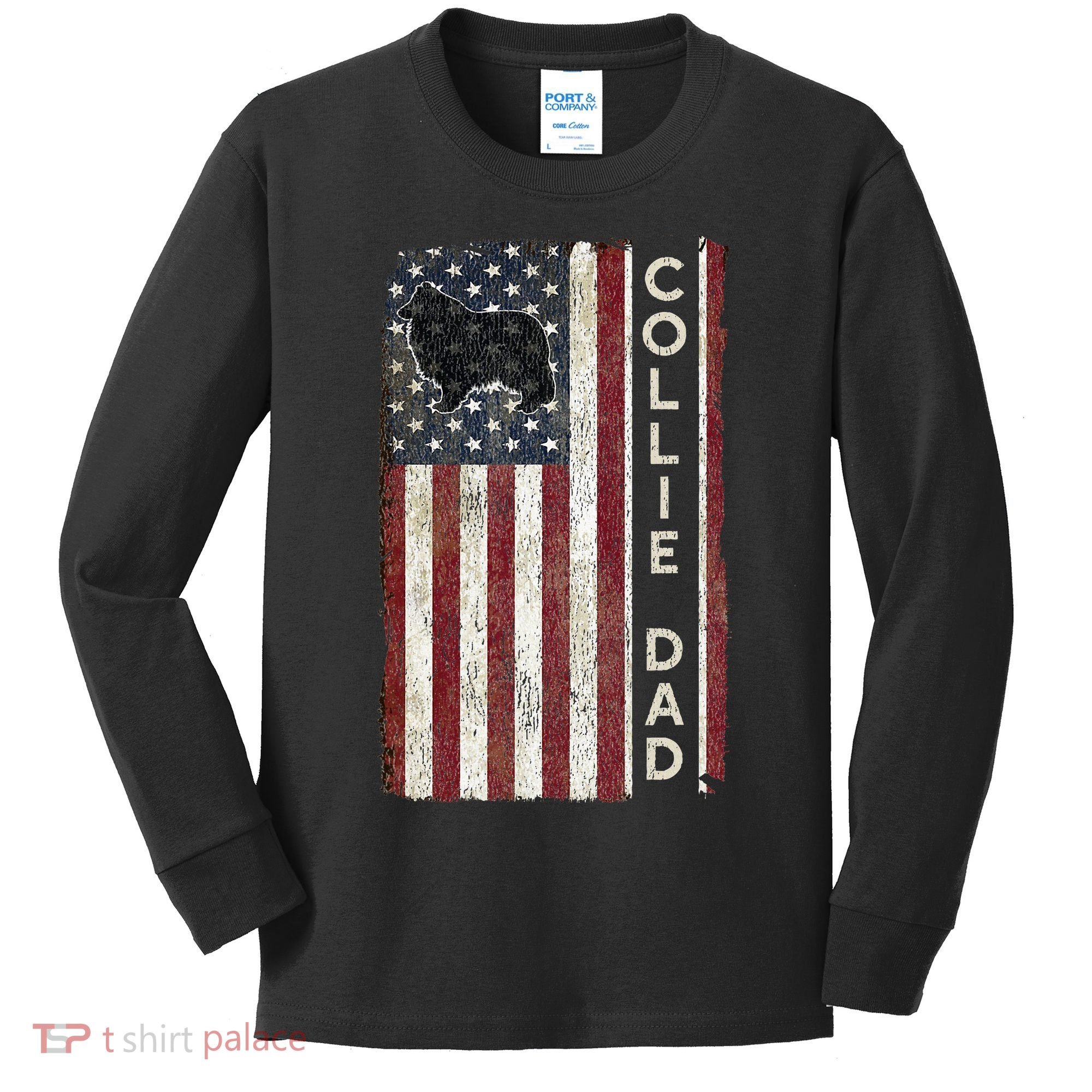 Rough Collie Dad 4th July American Flag Fathers Day Kids Long Sleeve Shirt