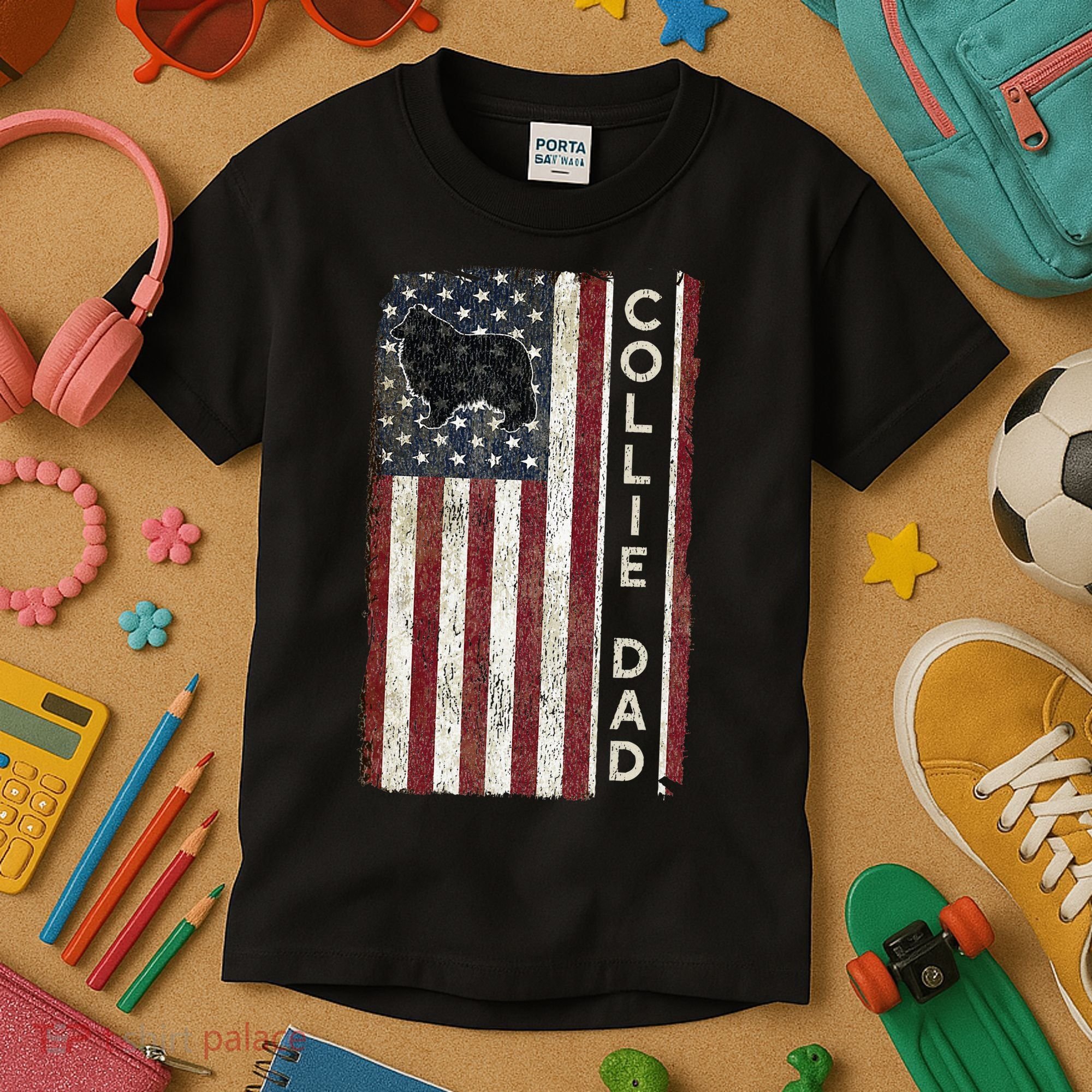 Rough Collie Dad 4th July American Flag Fathers Day Kids T-Shirt