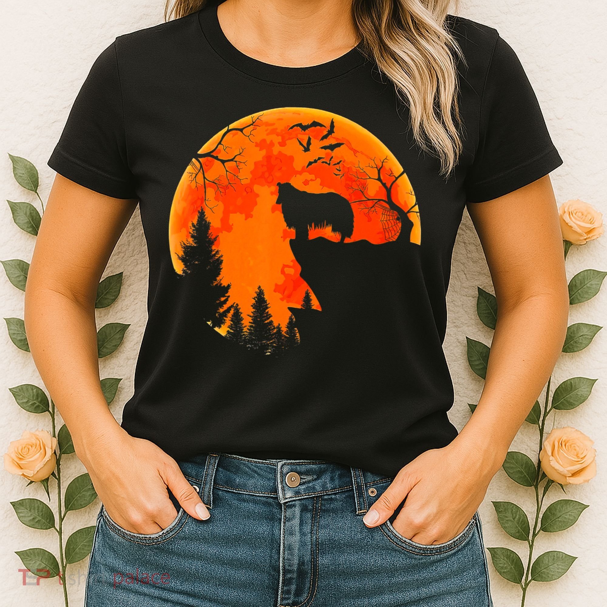 Rough Collie Dog And Moon Halloween Costume Dog Lover Women's T-Shirt
