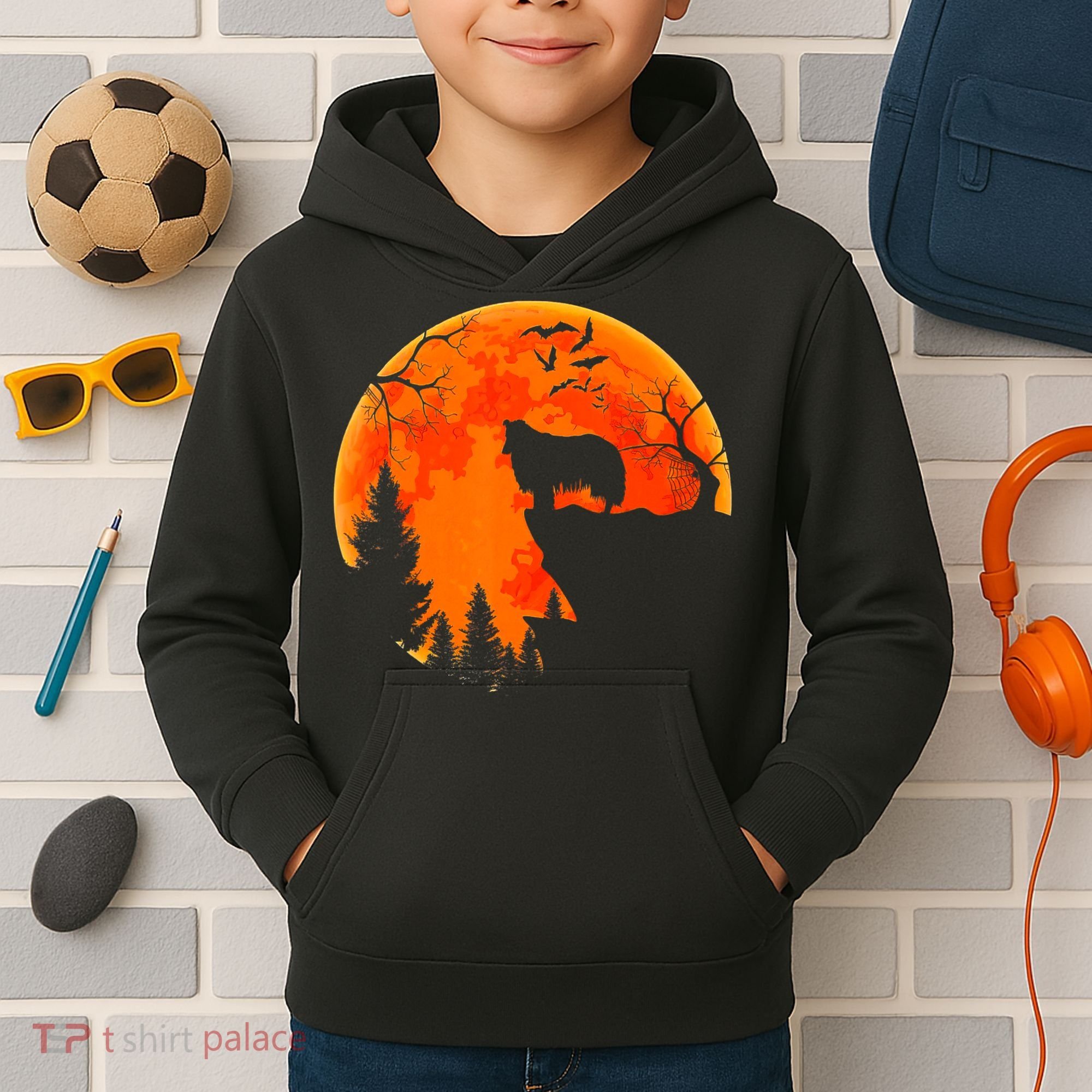 Rough Collie Dog And Moon Halloween Costume Dog Lover Kids Hoodie