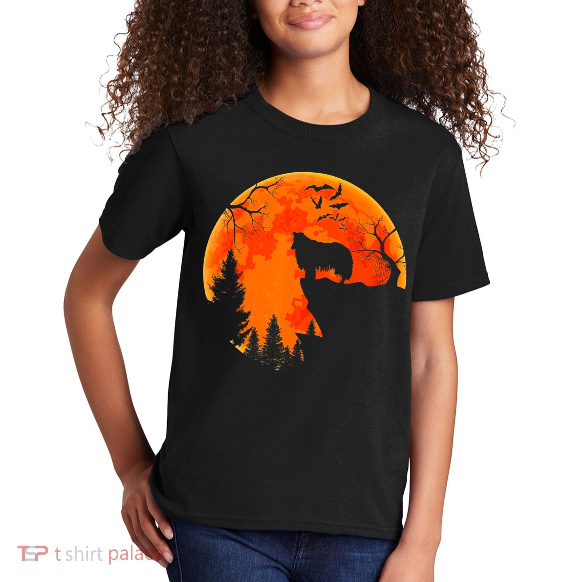 Rough Collie Dog And Moon Halloween Costume Dog Lover Kids T-Shirt