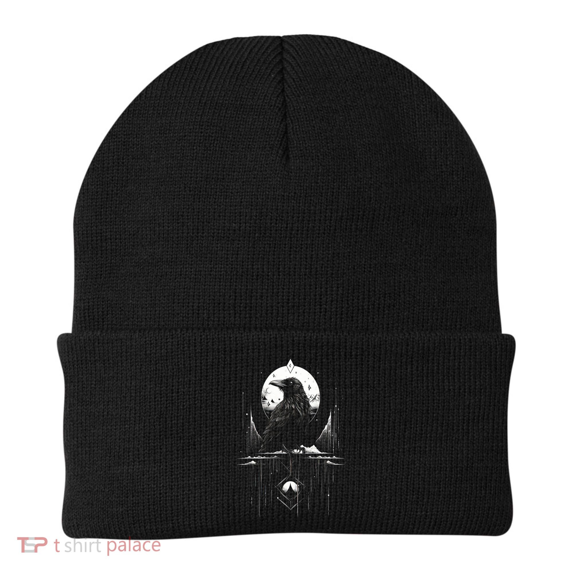 Raven Crow Dark Bird Witchcraft Omens Midnight Moon Night Mystic Folklore Magic Beanie