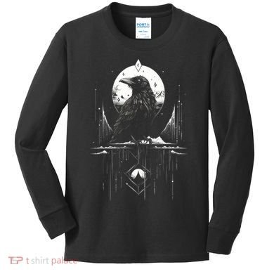 Raven Crow Dark Bird Witchcraft Omens Midnight Moon Night Mystic Folklore Magic Kids Long Sleeve Shirt