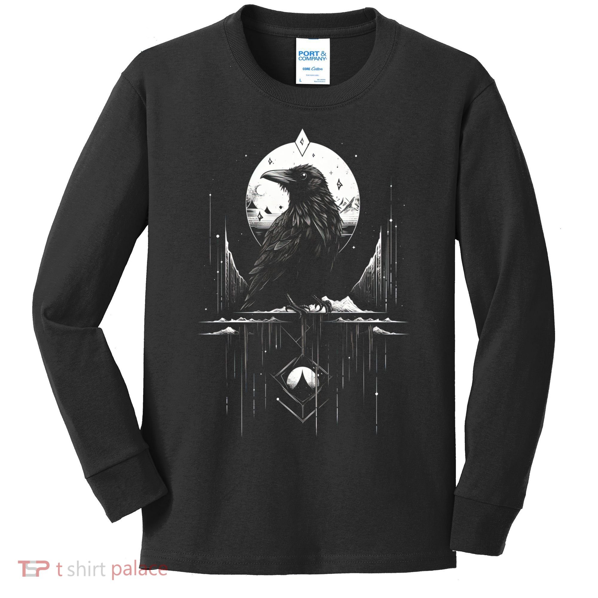 Raven Crow Dark Bird Witchcraft Omens Midnight Moon Night Mystic Folklore Magic Kids Long Sleeve Shirt