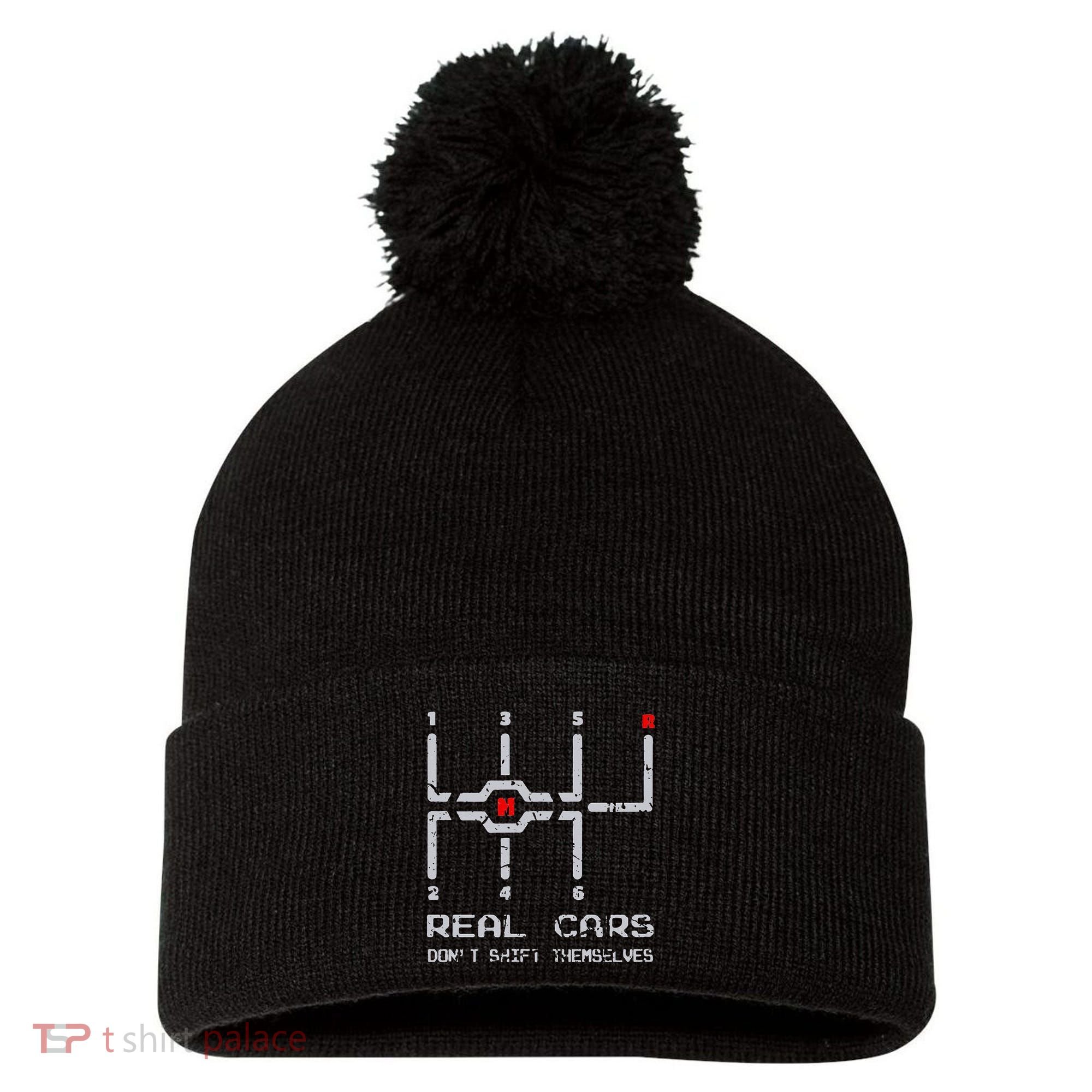 Real Cars Don't Shift Themselves Distressed Drifting Pom Pom 12in Knit Beanie