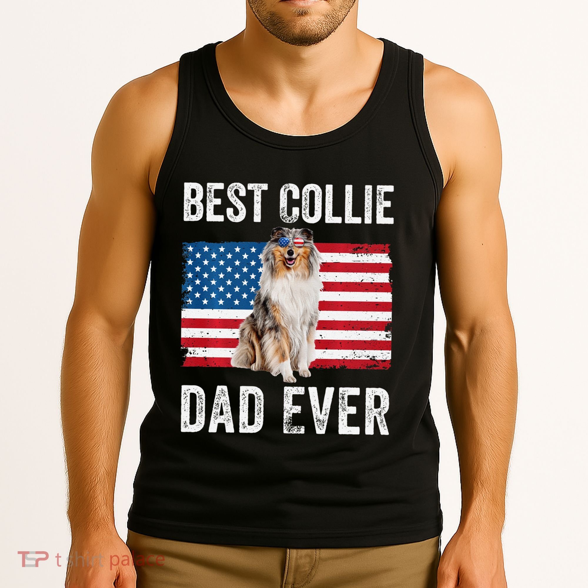 Rough Collie Dad American Flag Collie Dog Lover Owner Funny Tank Top
