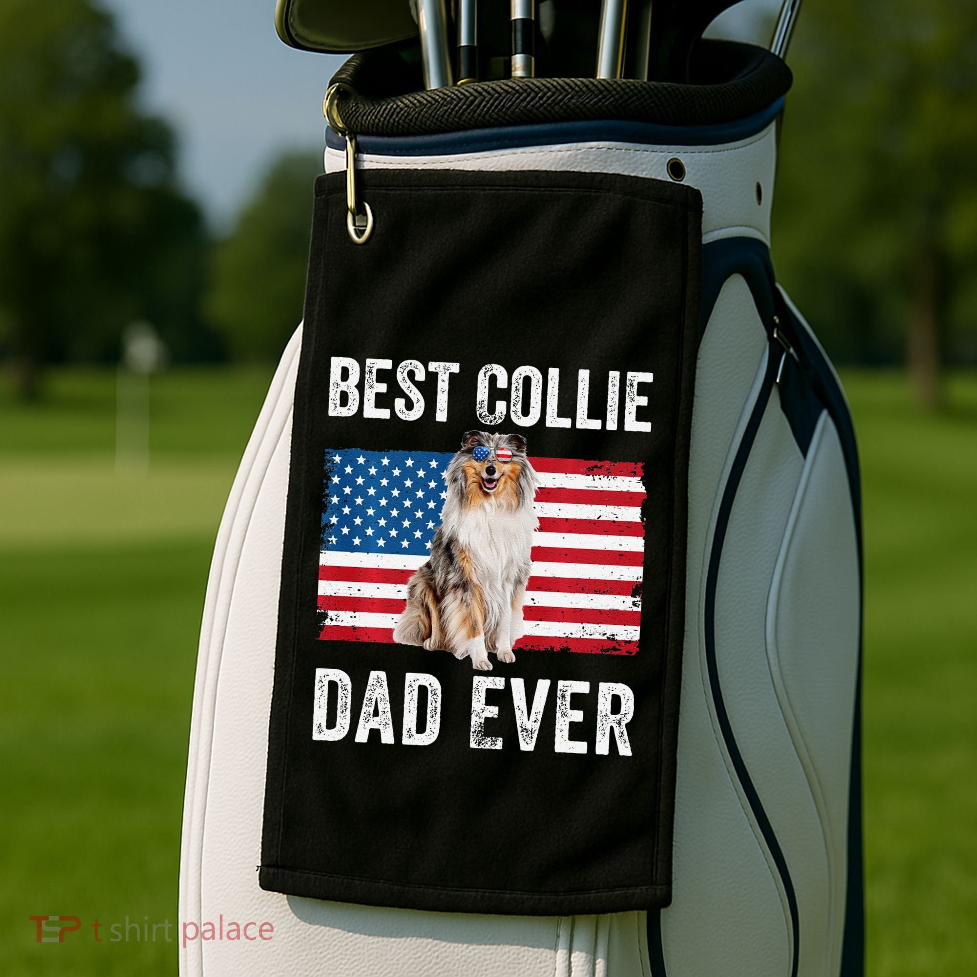 Rough Collie Dad American Flag Collie Dog Lover Owner Funny Golf Towel