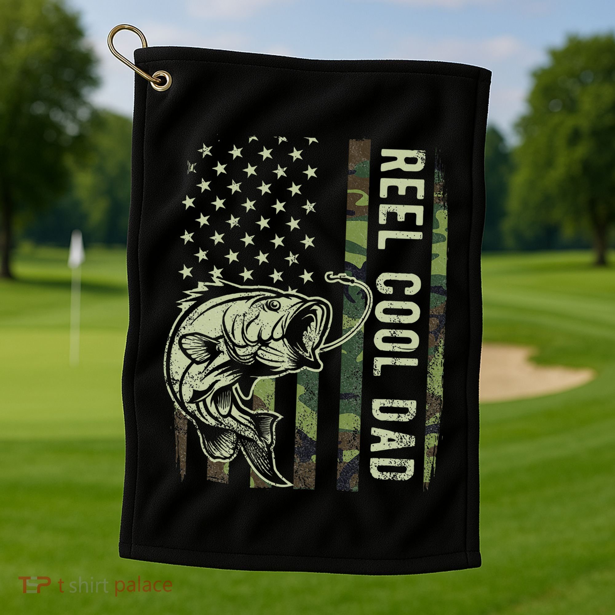 Reel Cool Dad Camouflage American Flag Golf Towel
