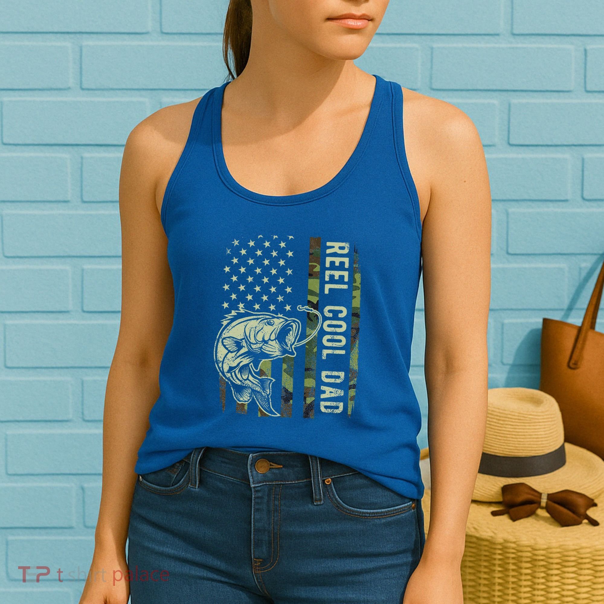 Reel Cool Dad Camouflage American Flag Women's Tank Top