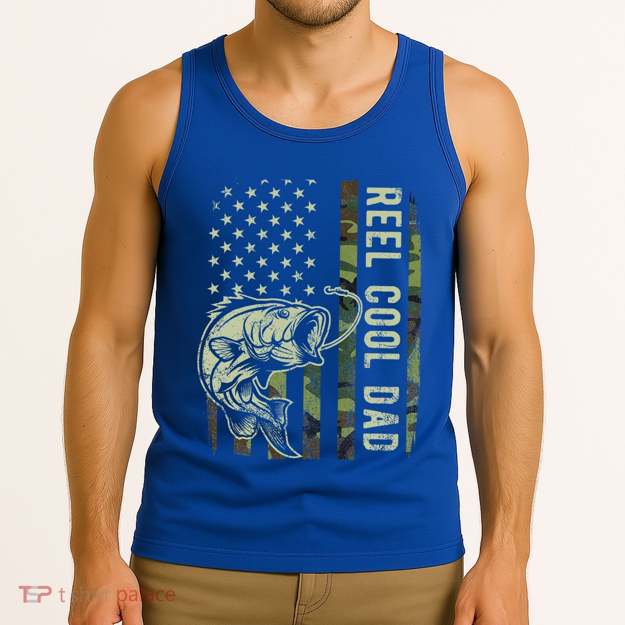 Reel Cool Dad Camouflage American Flag Tank Top
