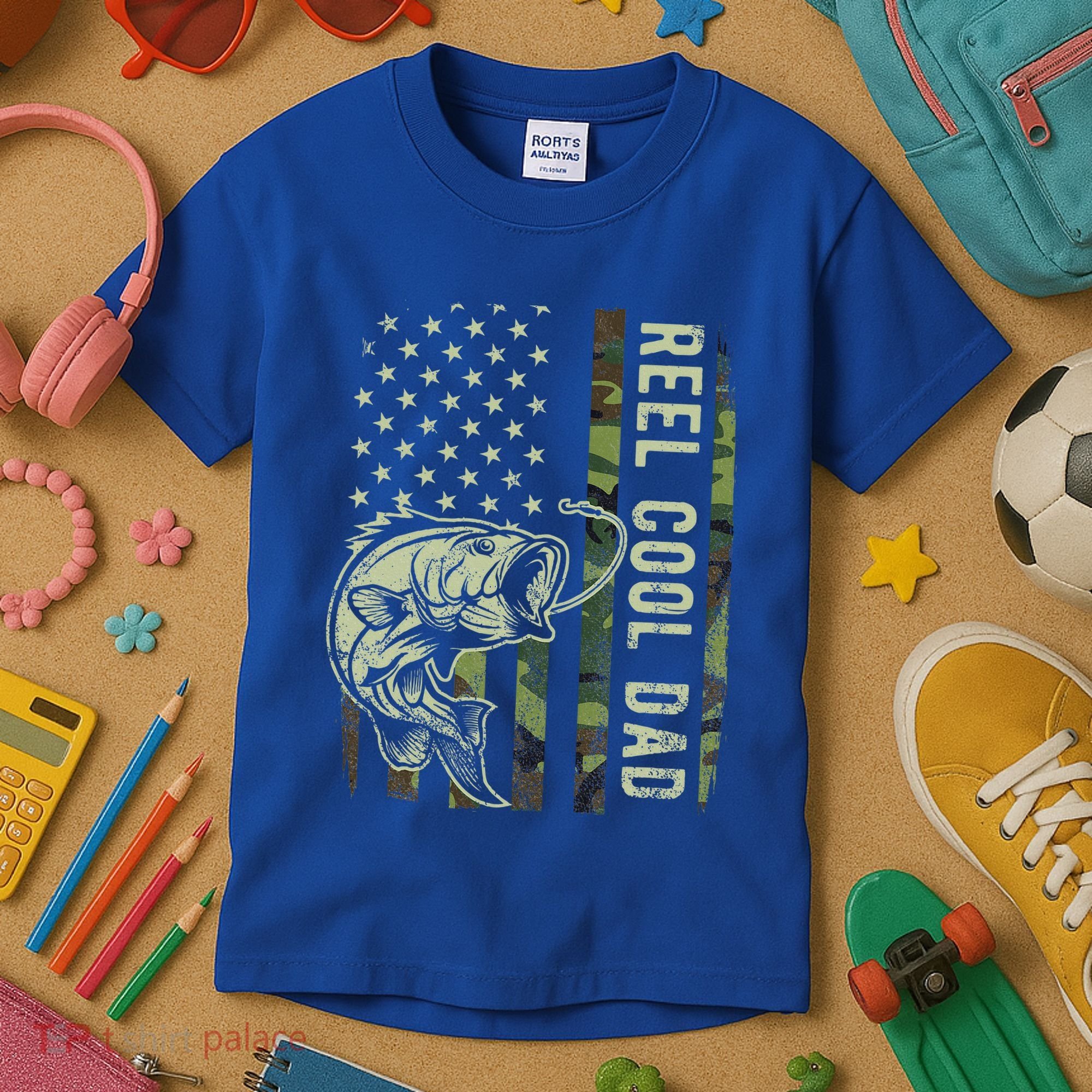 Reel Cool Dad Camouflage American Flag Kids T-Shirt