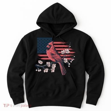 Red Cardinal Floral Flag Design Patriotic Birdwatching Hoodie