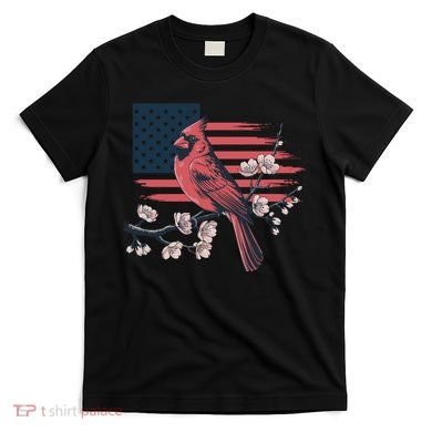 Red Cardinal Floral Flag Design Patriotic Birdwatching T-Shirt