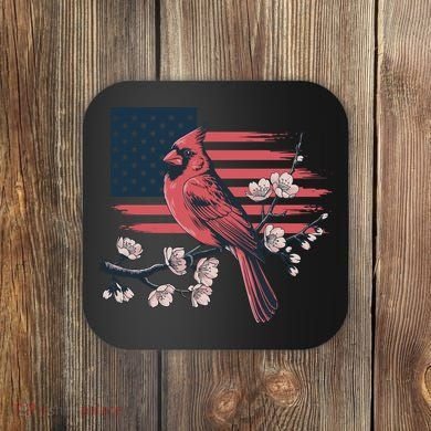 Red Cardinal Floral Flag Design Patriotic Birdwatching Coaster
