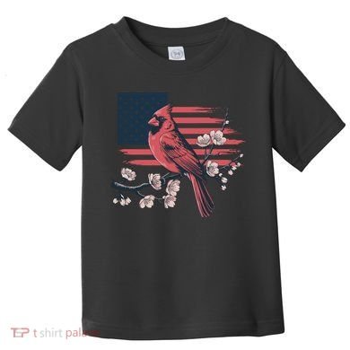 Red Cardinal Floral Flag Design Patriotic Birdwatching Toddler T-Shirt