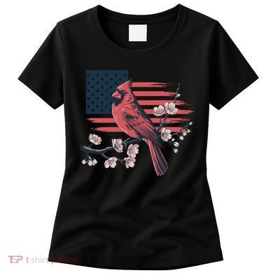 Red Cardinal Floral Flag Design Patriotic Birdwatching Women's T-Shirt