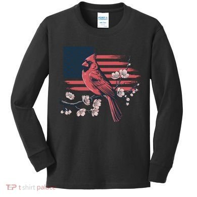 Red Cardinal Floral Flag Design Patriotic Birdwatching Kids Long Sleeve Shirt