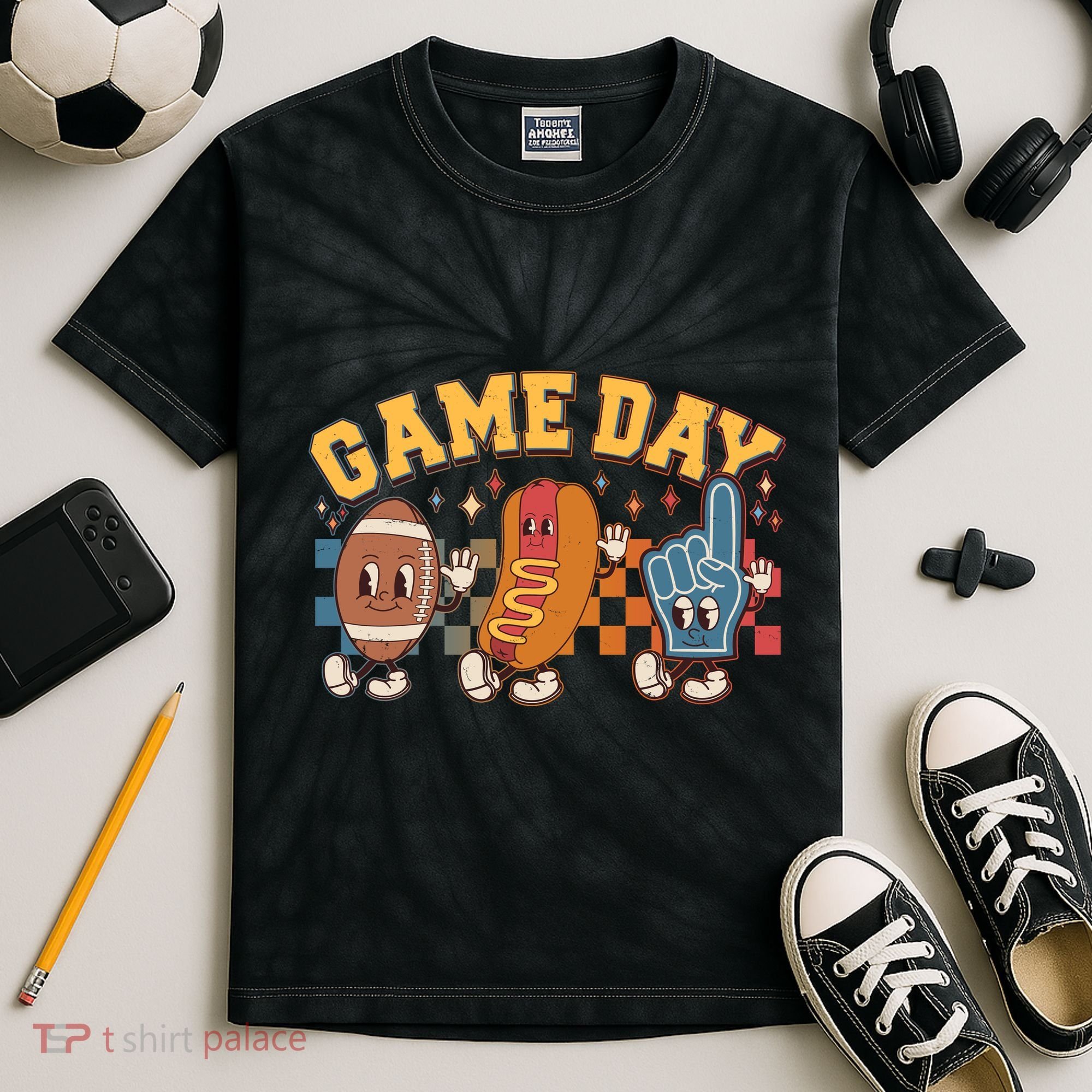Retro Cartoon Football Game Day Kids Tie-Dye T-Shirt