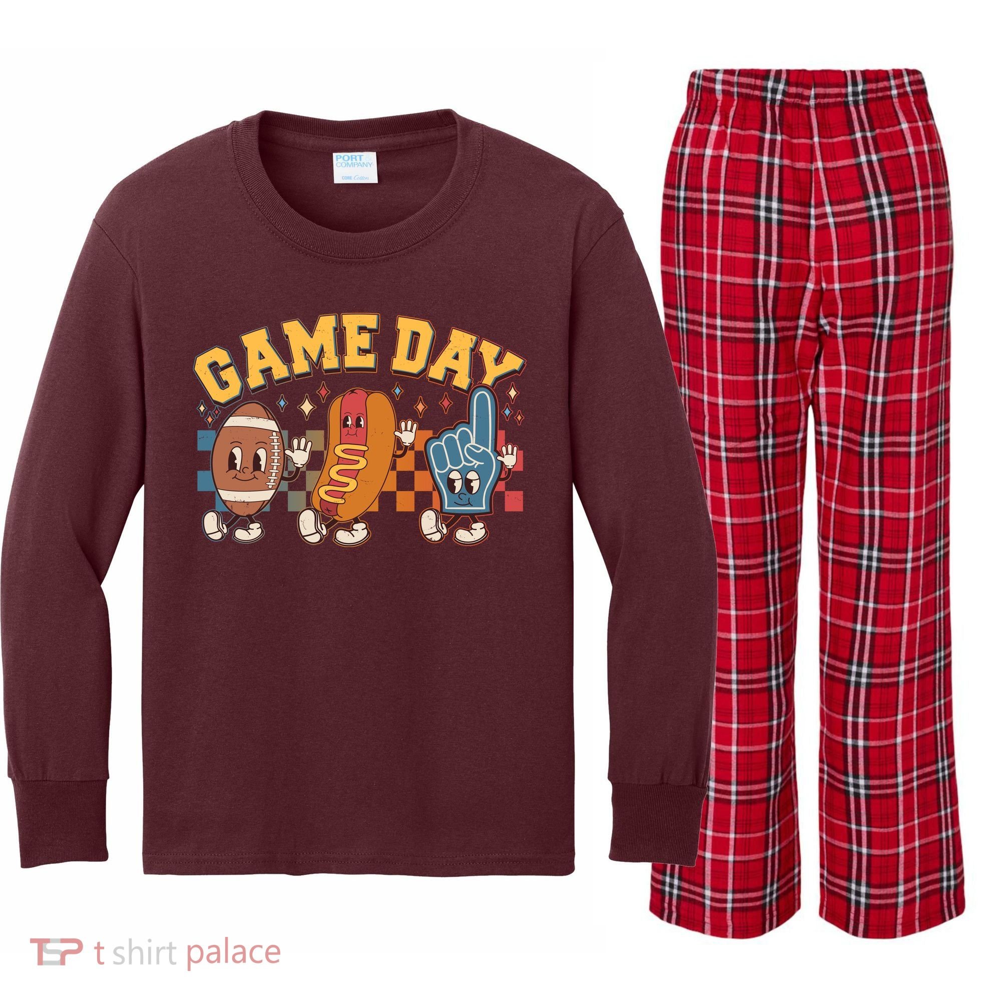 Retro Cartoon Football Game Day Kids Long Sleeve Plaid Pajama Set