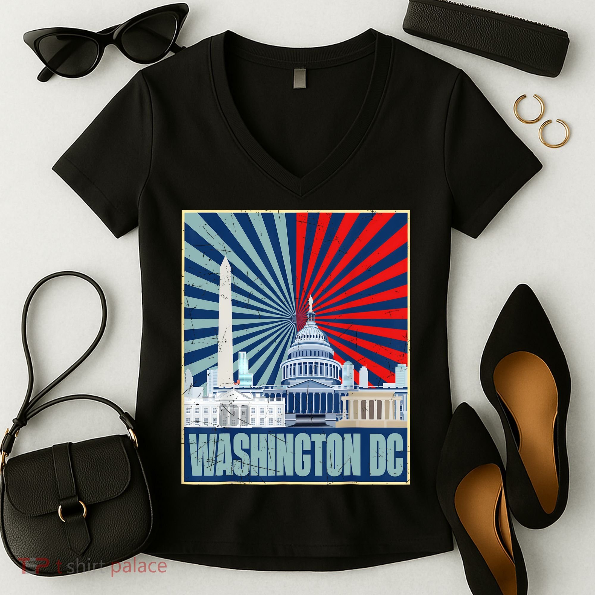 Retro Capitol Hill Washington DC American Flag 4th Of July Women's V-Neck T-Shirt