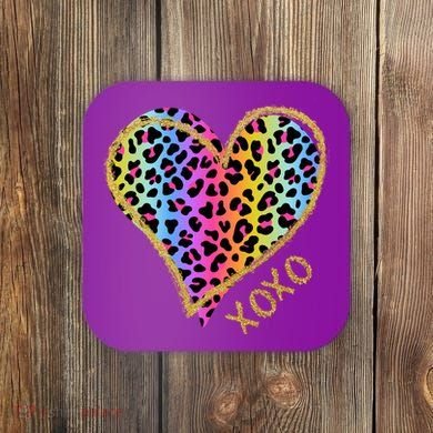 Rainbow Cheetah Heart Xoxo Coaster