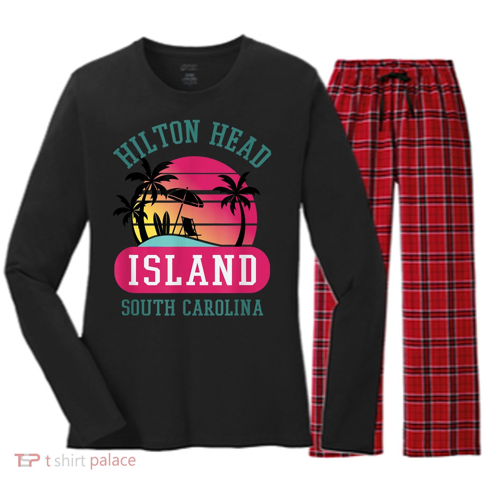 Retro Cool Hilton Head Island SC Beach Souvenir Novelty Art Women's Long Sleeve Flannel Pajama Set 