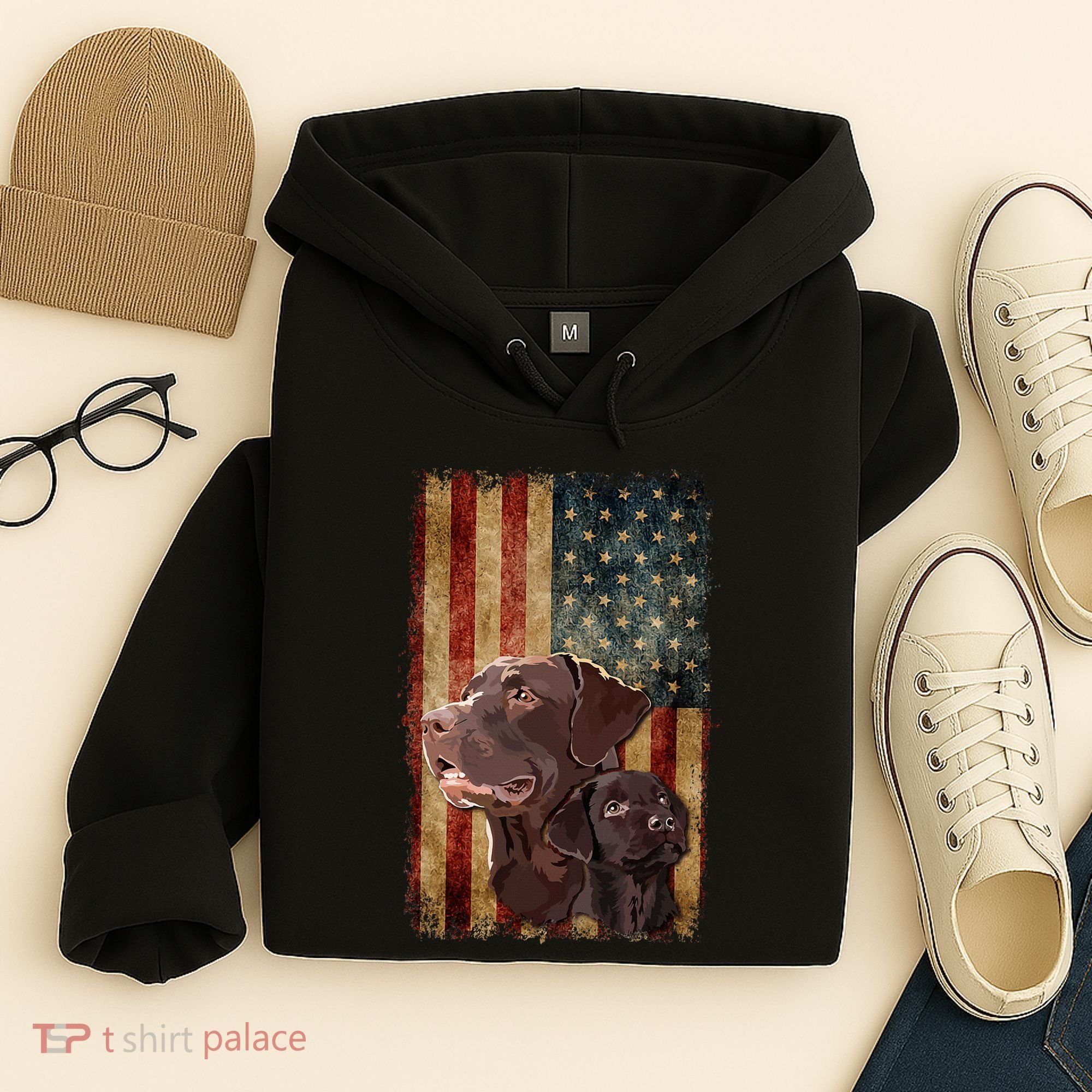 Retro Chocolate Lab With Usa Flag Gift Chocolate Lab Dad Mom Hoodie