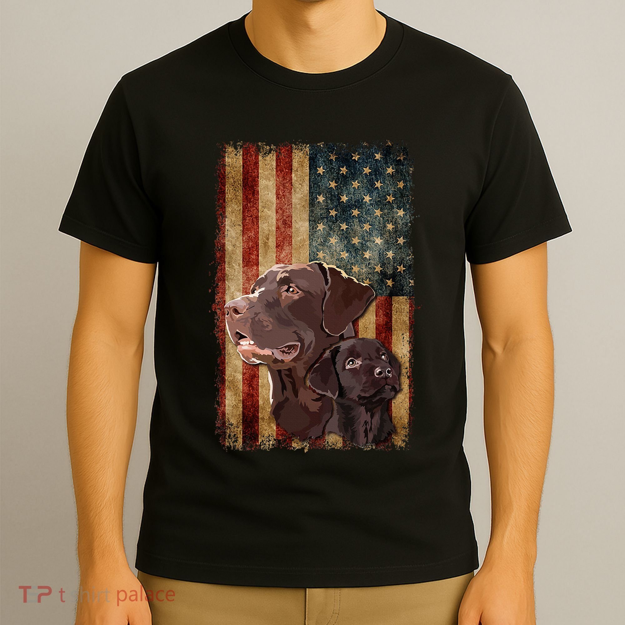 Retro Chocolate Lab With Usa Flag Gift Chocolate Lab Dad Mom T-Shirt